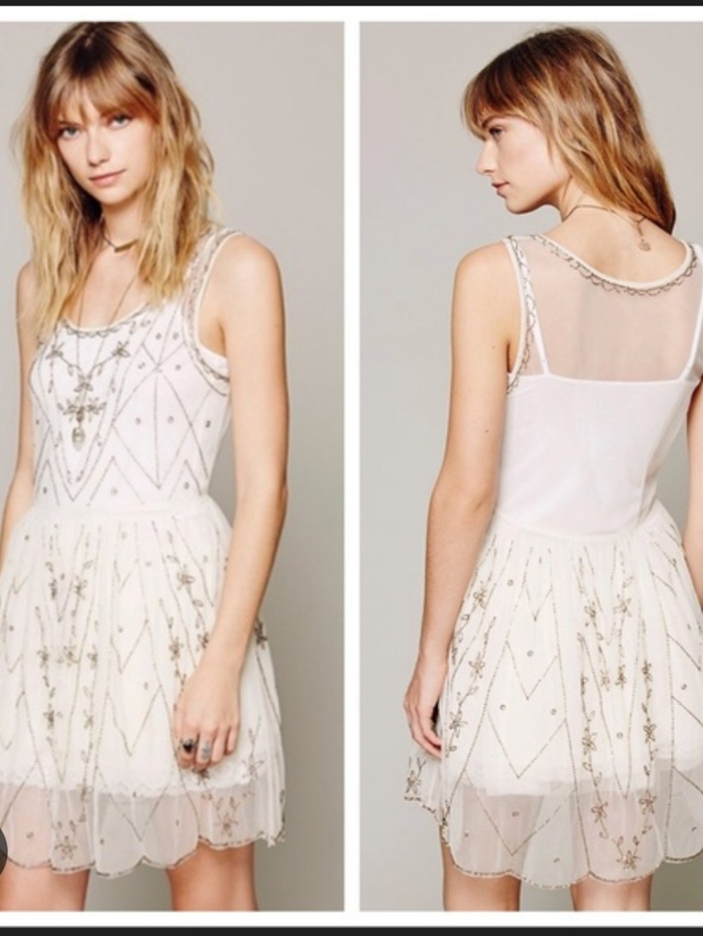Free People Cream Mesh Flapper Inspired Boho Gold Chain Slip Dress Medium